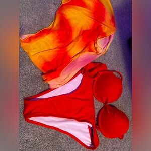 red bikini with sarong